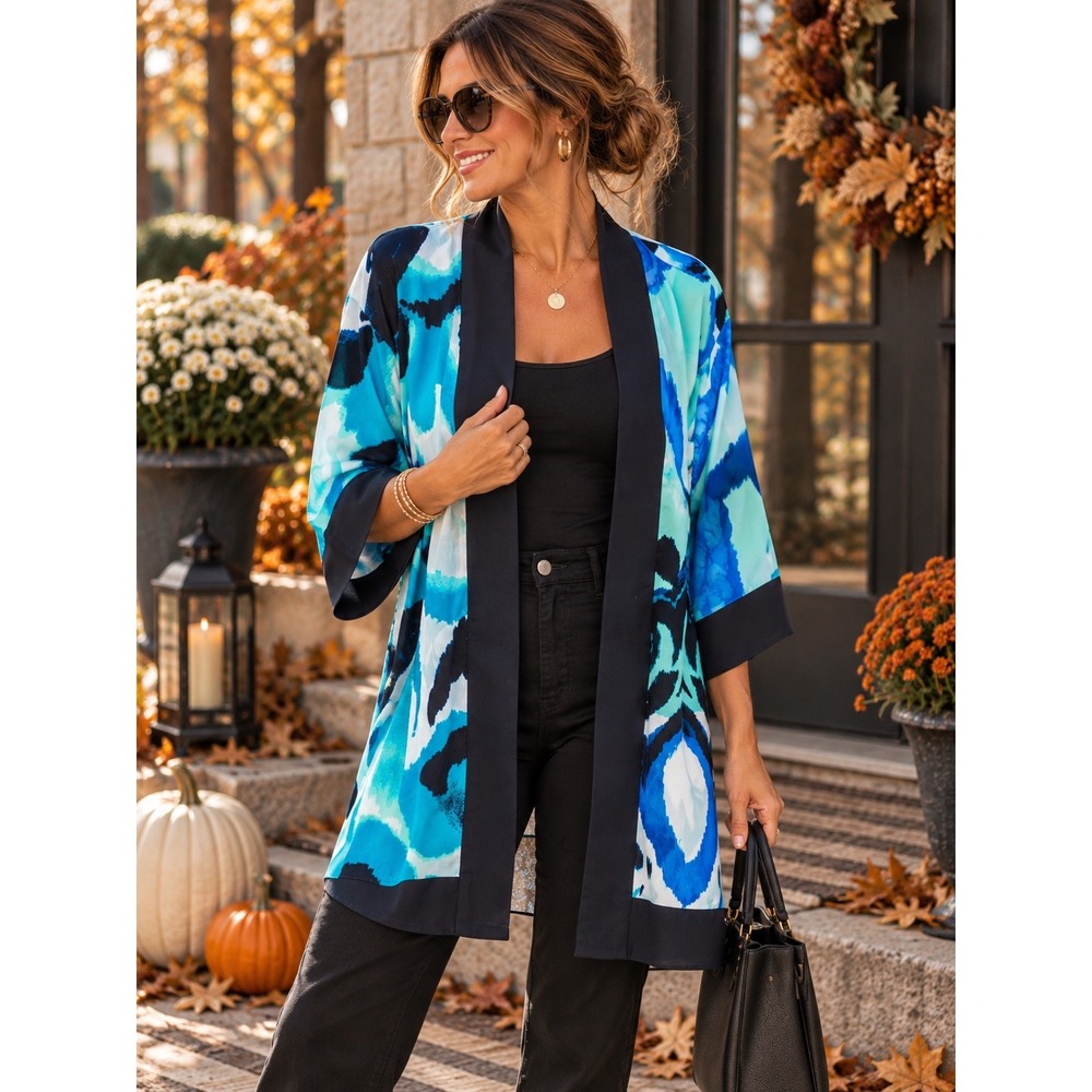 Chico's Travelers Kimono Jacket S/M Blue Abstract Open Front Cardigan Top